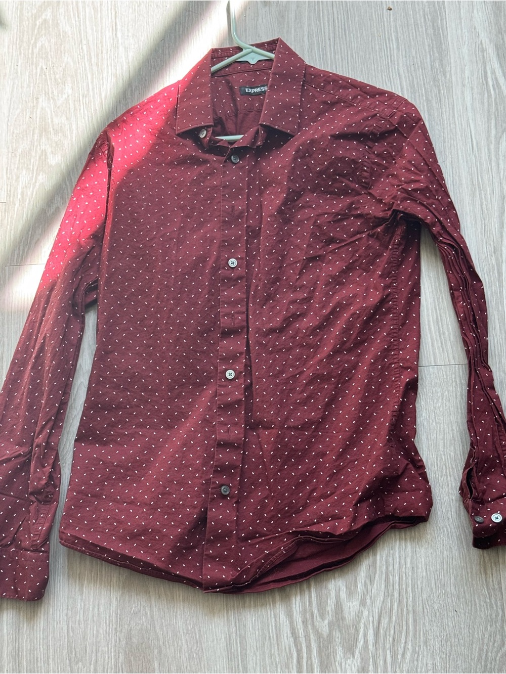 Express Men's Maroon Button-Up Shirt with White Micro Dots